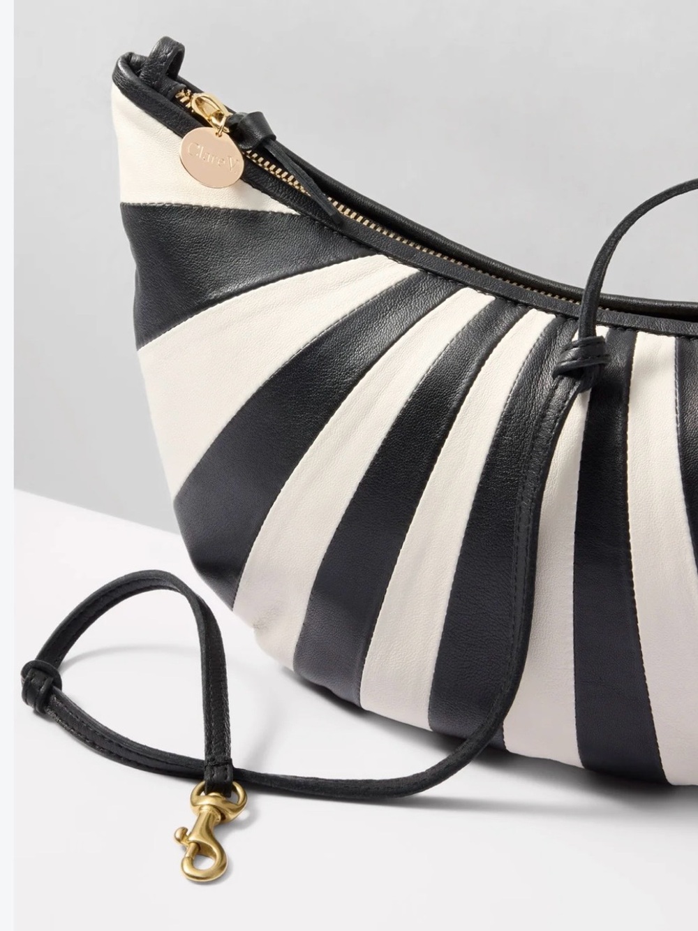 Clare V. Lune Black & White Crescent Leather Shoulder Bag